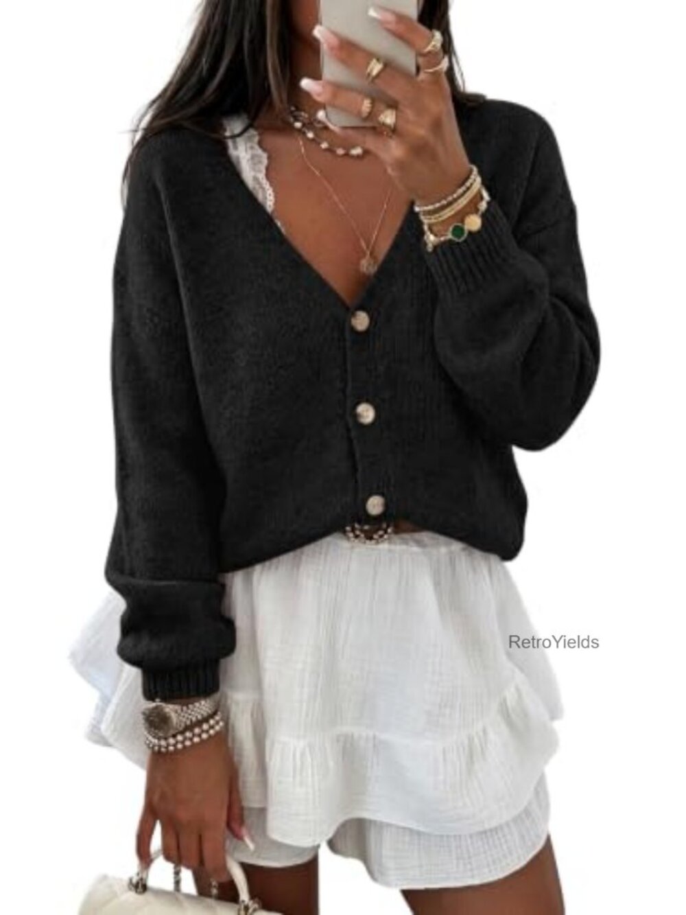 Oversized Cropped V-Neck Button-Up Cardigan Long Sleeve Knit Fall Layering